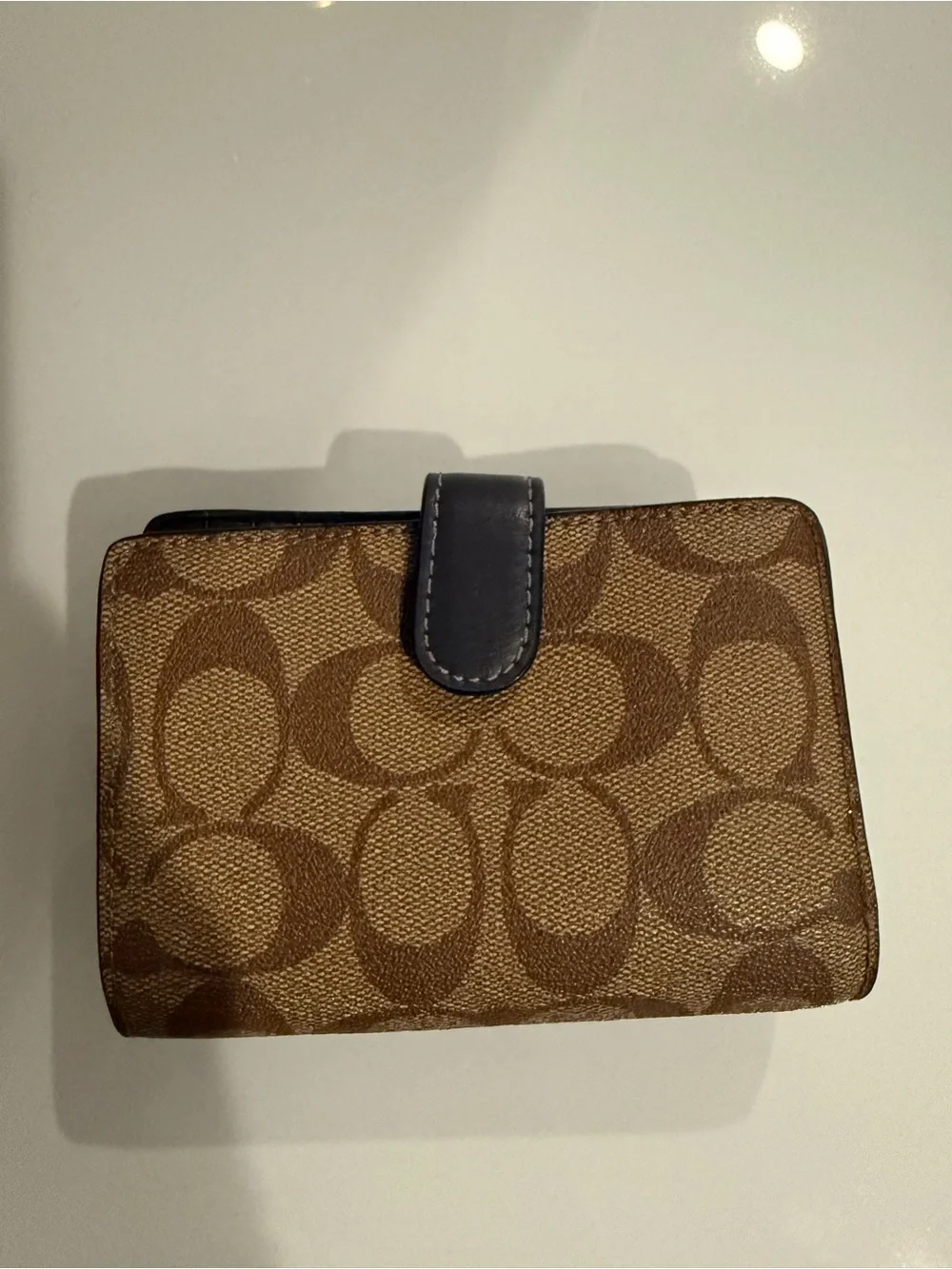 Coach Compact Card Holder in Blue and Brown Signature Canvas